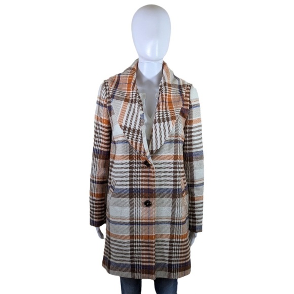 Forever 21 Thick Houndstooth Plaid Orange & Brown Winter Coat Size M - Picture 1 of 5